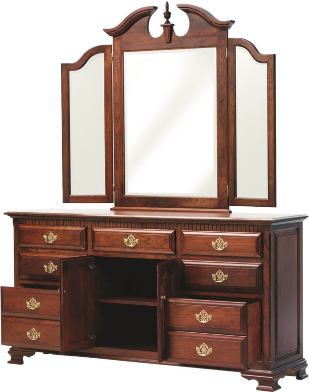 Dresser Swan Neck Pediment Tri-Fold Mirror Ornate Brass Hardware Reddish