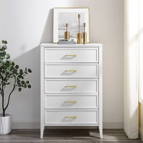 Dresser Tall Five-Drawer Gold Bar Pulls Tapered Legs Mid-Century