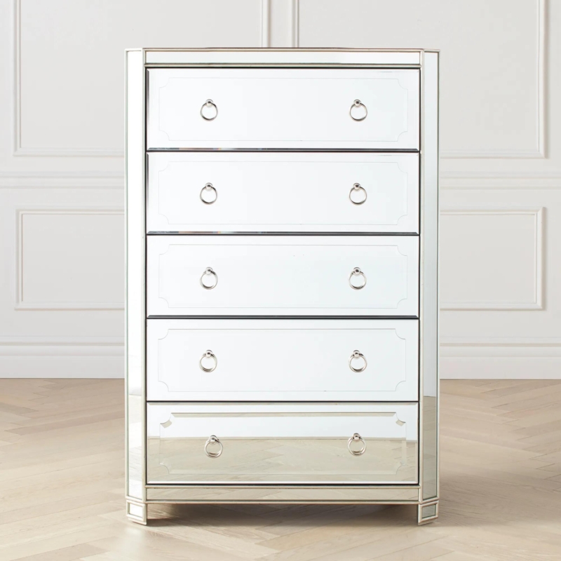 Dresser Tall Mirrored Ring Pull Hardware Chic Vertical Storage Chest