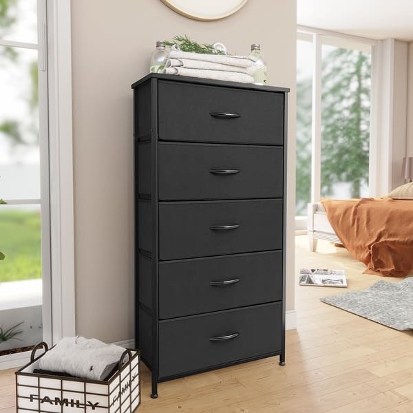 Dresser Tall Narrow 5 Drawer Black Fabric Storage Tower