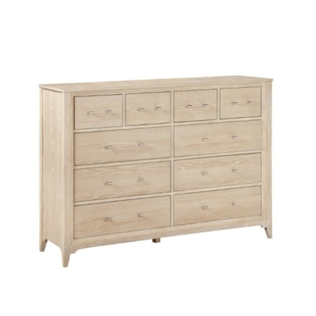 Dresser Ten Drawer Light Wood Tone Tapered Legs Horizontal Pulls