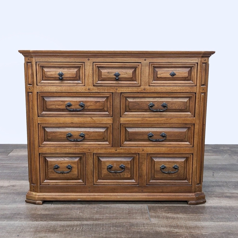 Dresser Ten Drawers Raised Panels Frame Pegs Medium Brown Wood Traditional