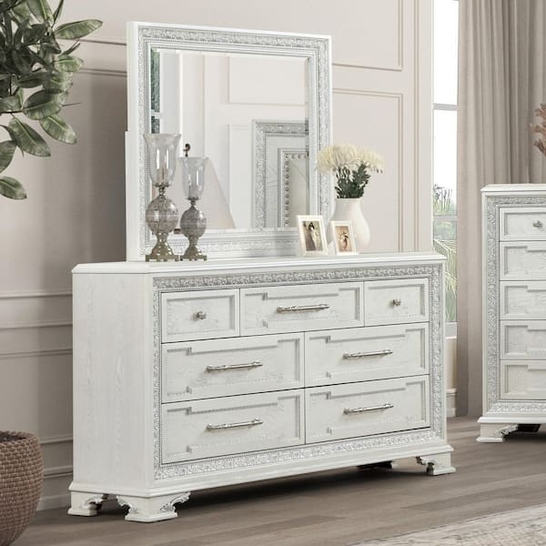 Dresser Textured Drawer Fronts Molded Mirror Frame Whitewashed Glam White