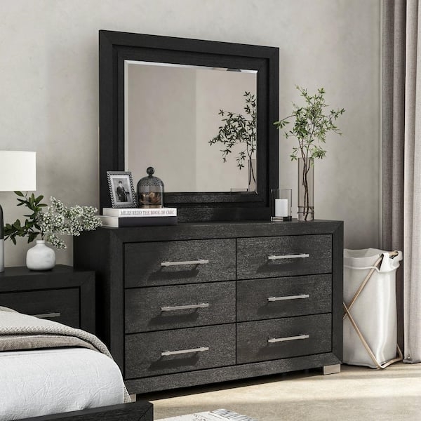 Dresser Textured Wood Grain with Silver Bar Pulls and Mirror
