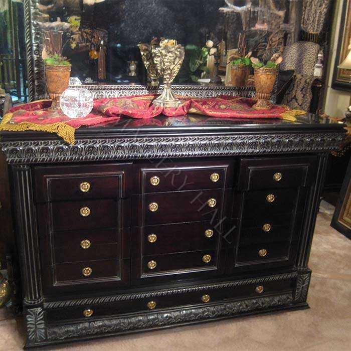 Dresser Thirteen Drawers Carved Trim Granite Top Dark Brown Old World
