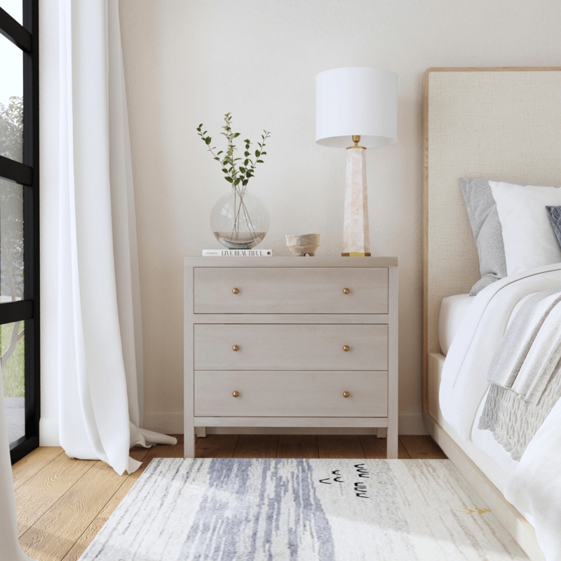 Dresser Three Drawer Bedside Storage with Minimalist Brass Hardware