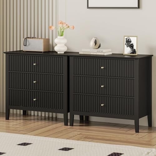 Dresser Three Drawer Matte Black Vertical Ribbed Gold Round Knobs