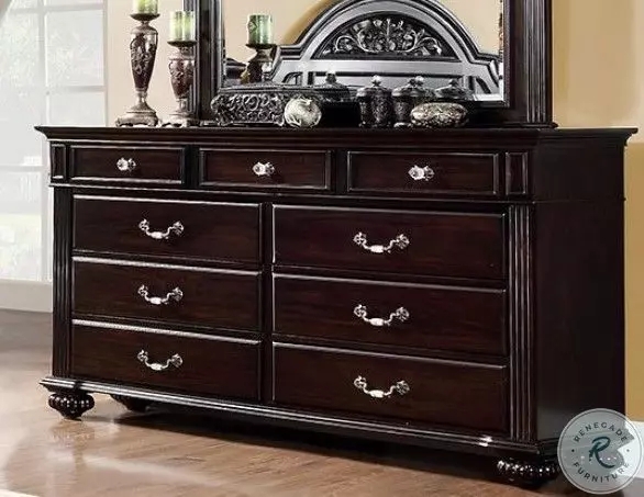 Dresser, Traditional Dark Walnut with Ornate Silver Pulls
