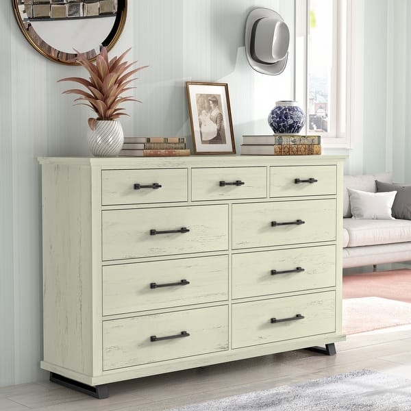 Dresser Transitional Distressed White Finish with Block Feet