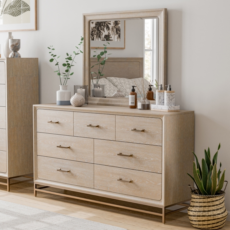 Dresser Transitional Light Wood Metal Sled Base With Matching Mirror