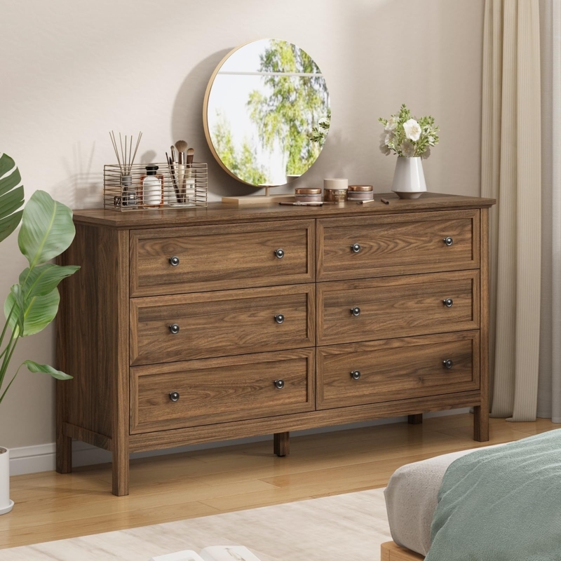 Dresser, Transitional Walnut Six-Drawer with Round Knobs