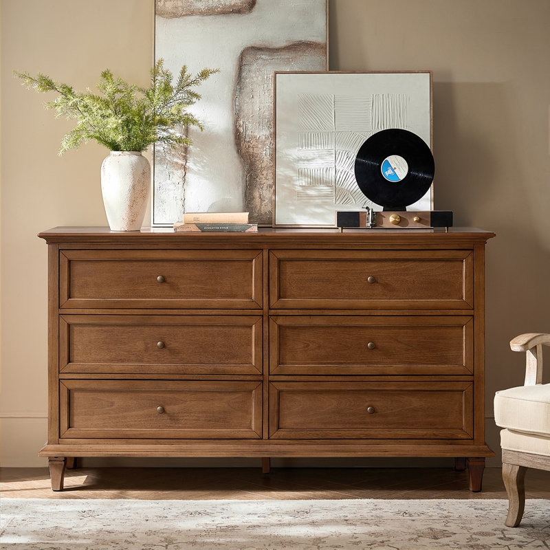 Dresser Transitional Warm Wood Knife Edge Top Six Drawers