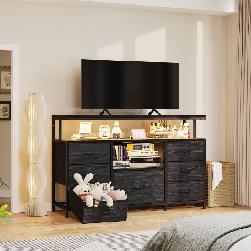 Dresser TV Stand Hybrid with Integrated LED Lighting and Open Shelving