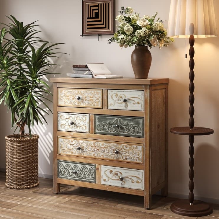 Dresser Vintage Bohemian Carved Drawer Fronts Multicolor Finish