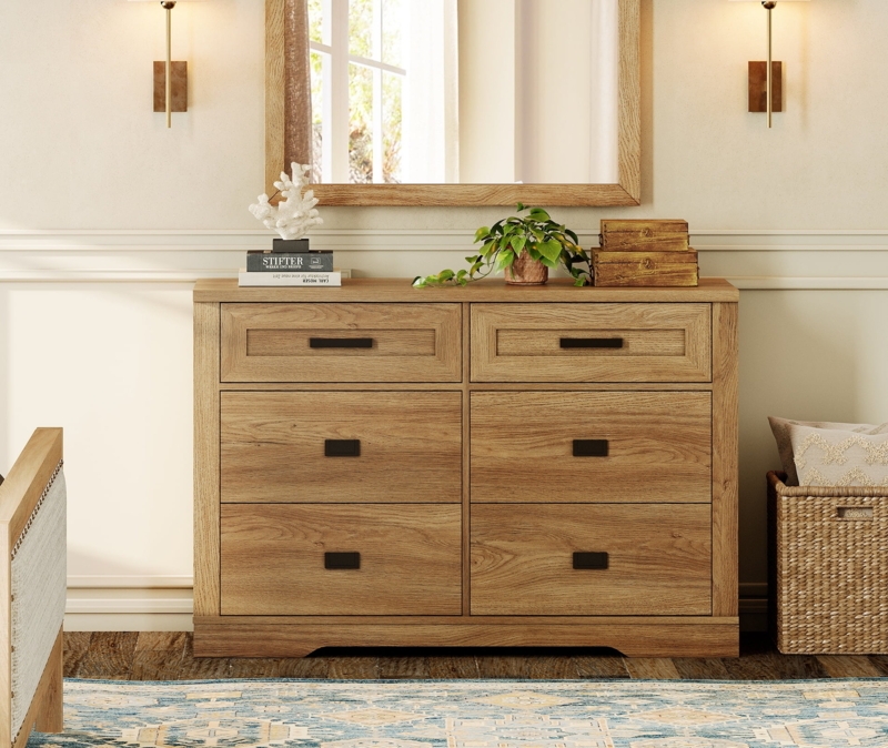 Dresser, Vintage Oak Finish, Black Hardware, Modern Farmhouse Style