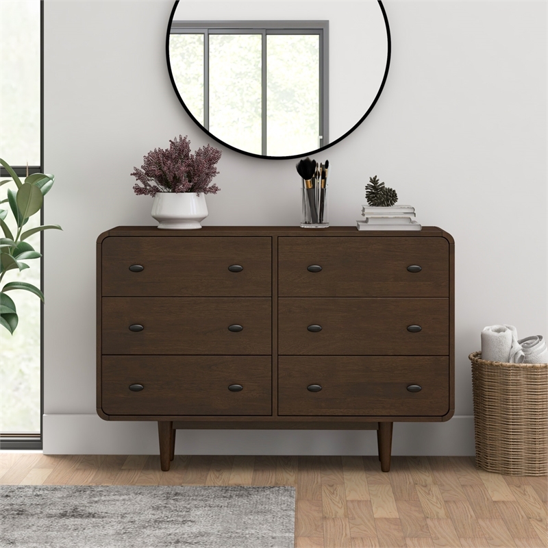 Dresser Walnut Brown Tapered Leg Oval Pulls Mid-Century