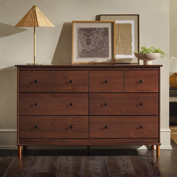Dresser: Walnut Finish Mid-Century, Tapered Legs, Round Knobs
