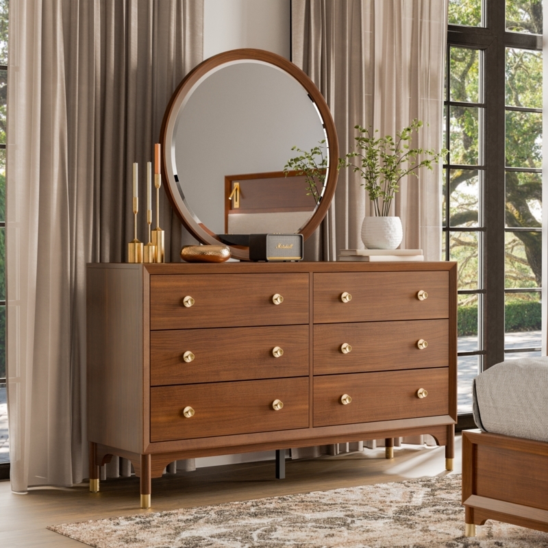 Dresser Walnut Finish Round Mirror Set Mid Century Modern Brass Accents