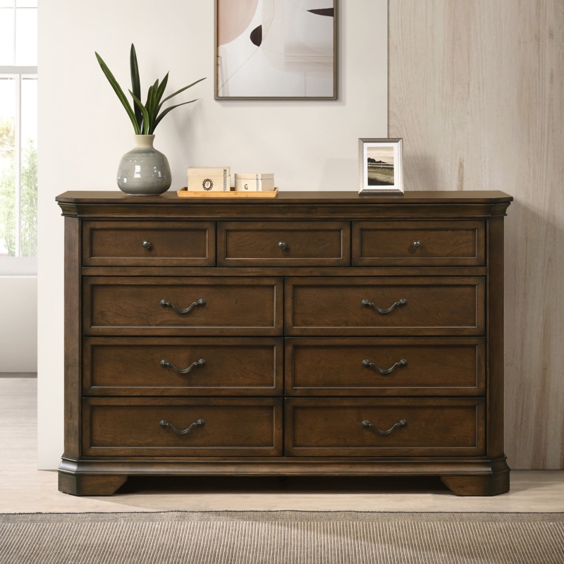Dresser Walnut Traditional Seven-Drawer with Tiered Molding