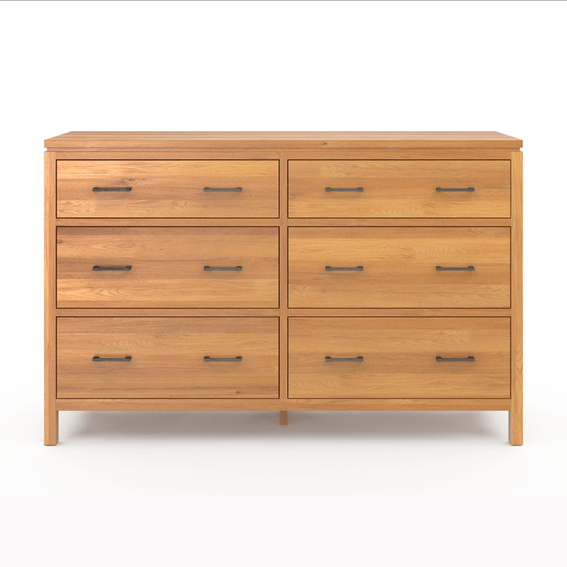 Dresser: Warm Honey Oak Tone Six-Drawer Dresser Black Pulls