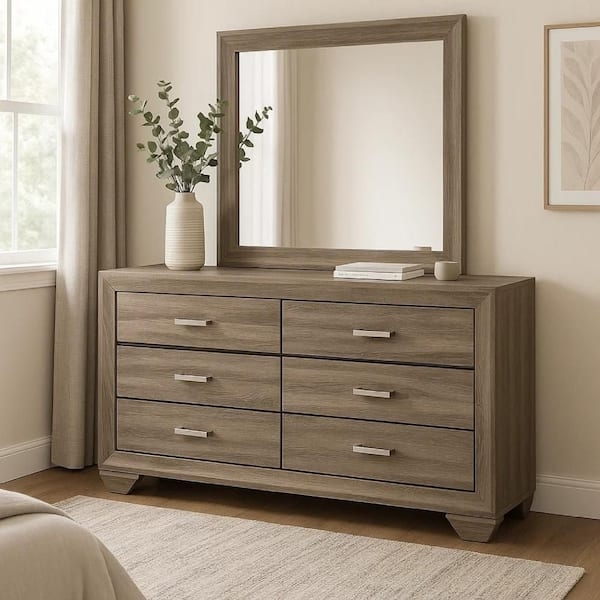 Dresser Washed Taupe Wood with Matching Framed Mirror, Silver Pulls