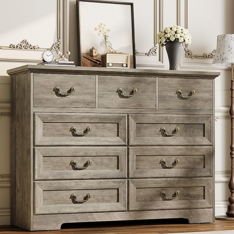 Dresser Weathered Grey Nine Drawers Antique Metal Hardware Rustic
