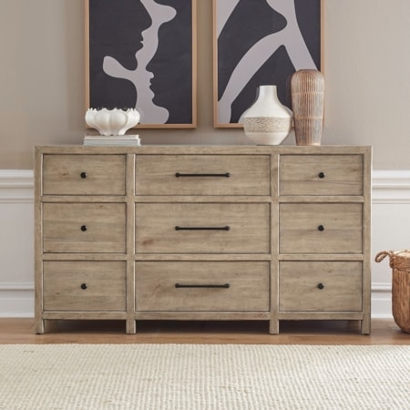 Dresser Weathered Wood Mixed Hardware Style Nine Drawers Farmhouse