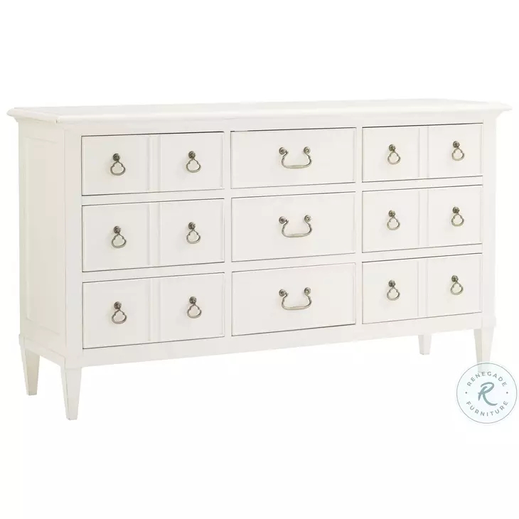 Dresser White 9-Drawer Coastal Chest with Tapered Legs and Bail Pulls