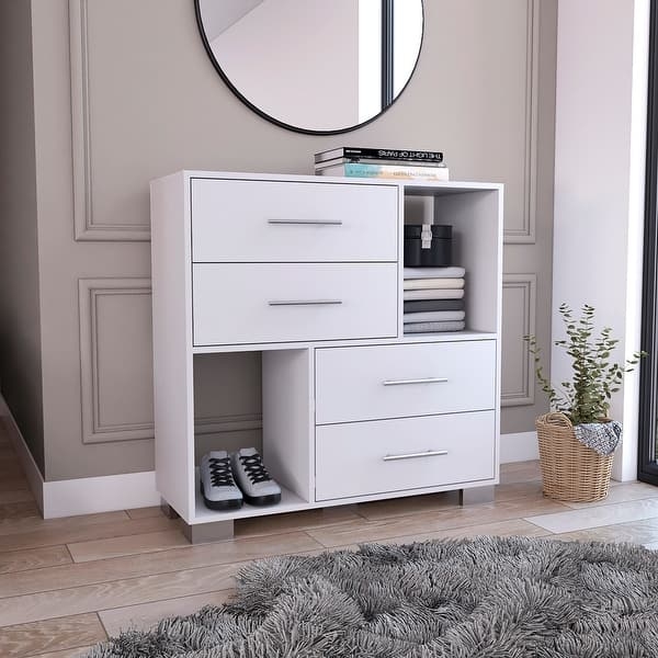 Dresser: White Asymmetrical Storage Open Cubbies Silver Bar Pulls