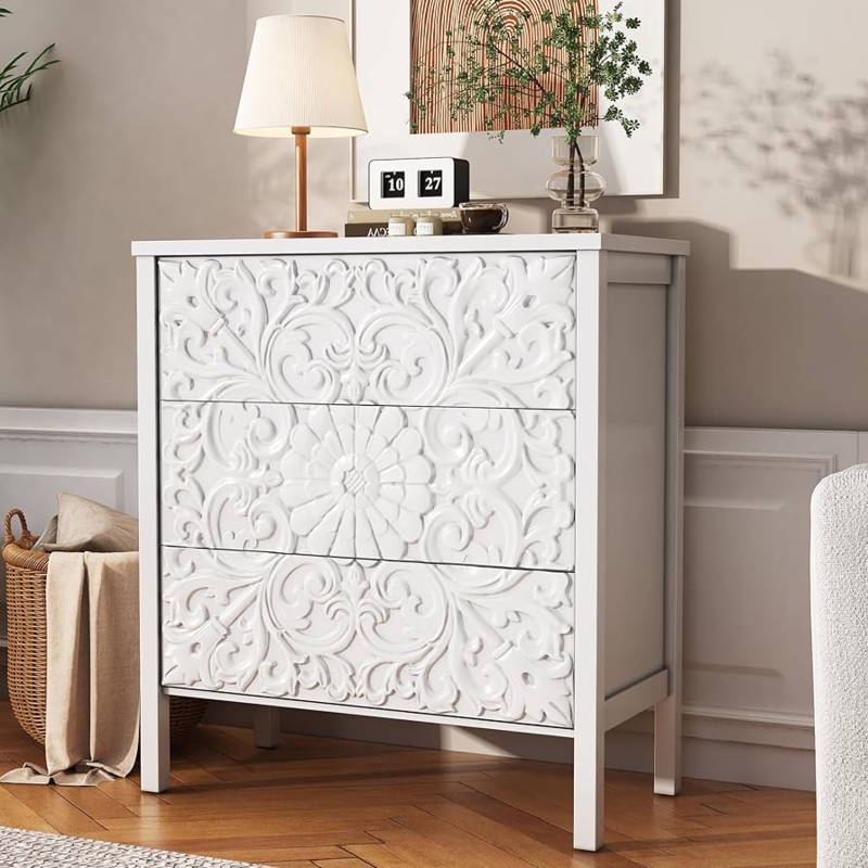Dresser White Carved Floral Front Bohemian Relief Chest