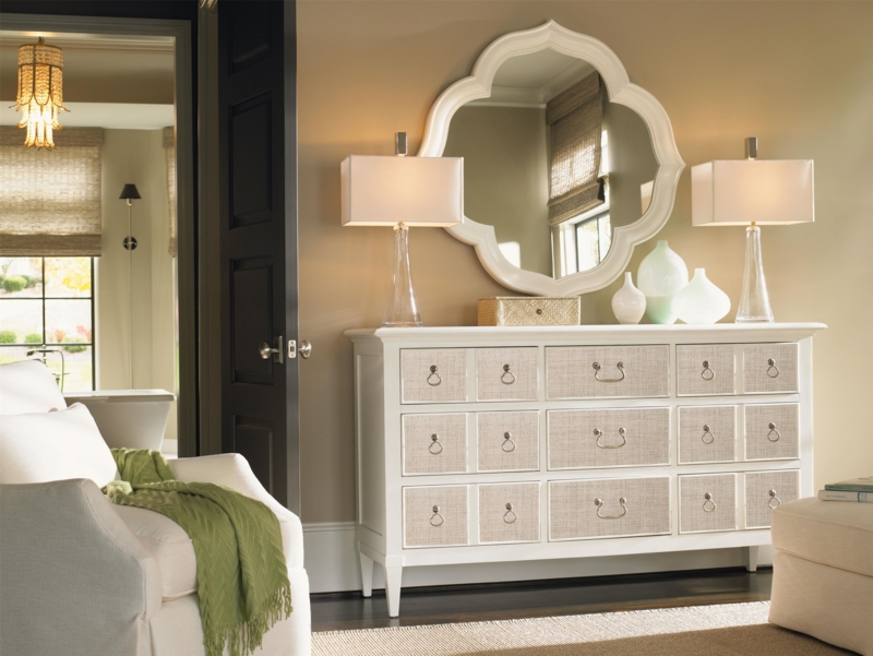 Dresser White Coastal Style with Woven Fronts and Quatrefoil Mirror
