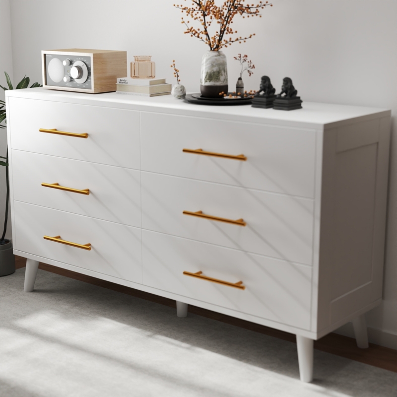 Dresser: White Dresser With Gold Hardware Matte Finish Tapered Legs