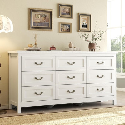Dresser White Finish Nine Drawers Bail Pulls Recessed Panels Farmhouse