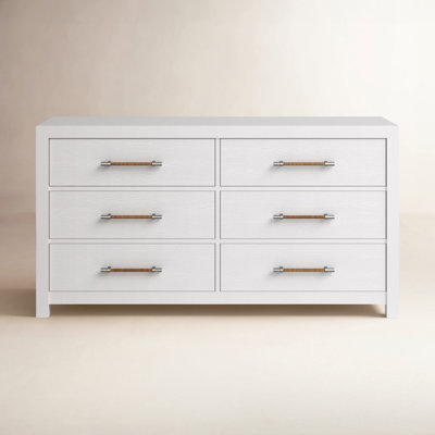 Dresser White Finish Rope Wrapped Handles Six Drawers Coastal Style