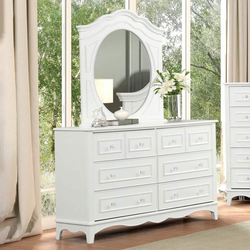 Dresser White Finish Scalloped Apron Oval Mirror Cottage Style Storage