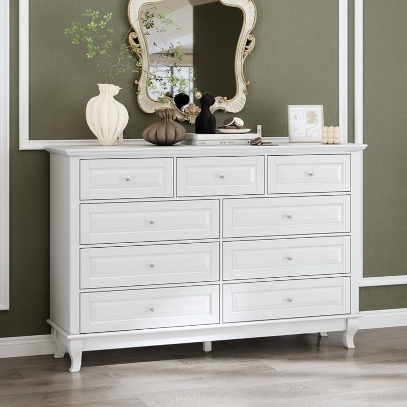 Dresser White Nine-Drawer Traditional with Cabriole Legs
