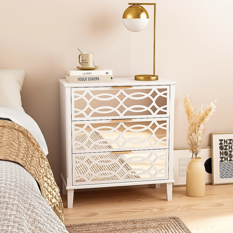 Dresser White Painted Mirrored Lattice Overlay Gold Hardware Chic Style
