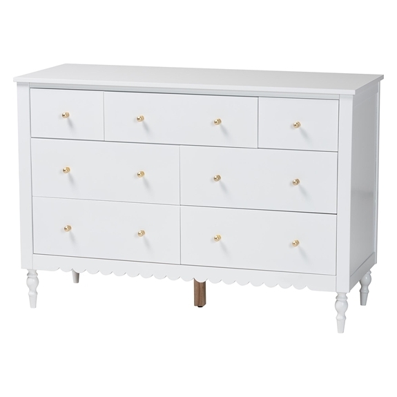 Dresser White Scalloped Apron Seven Drawers with Gold Knobs Modern