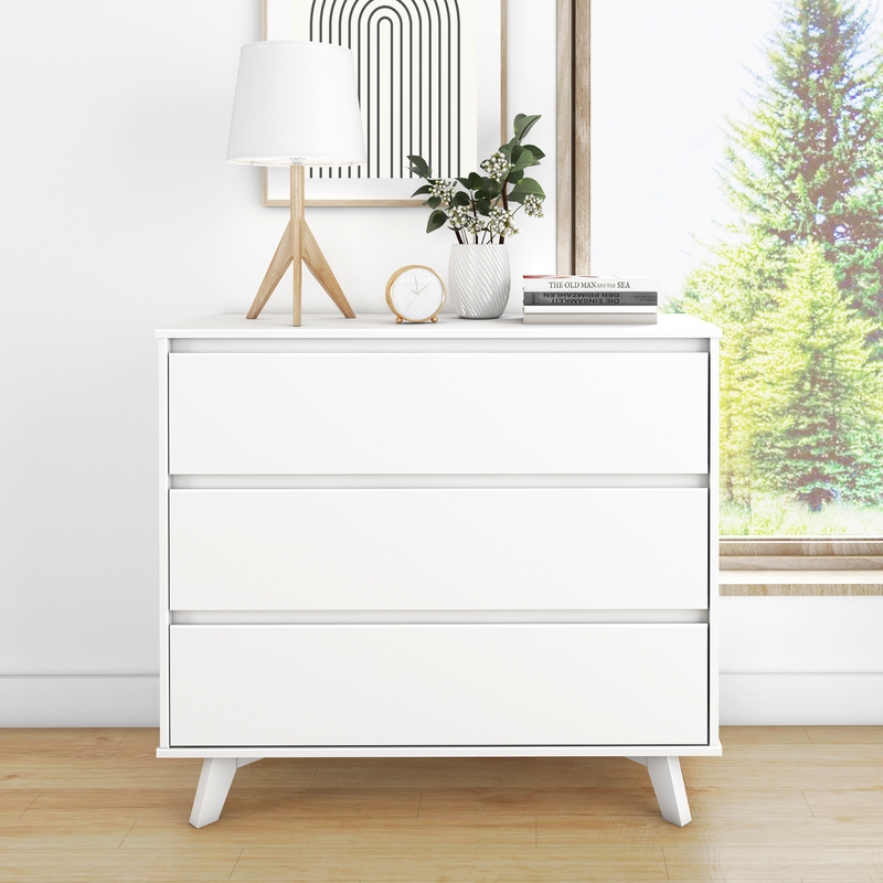 Dresser White Scandinavian 3-Drawer Hardware Free Tapered Legs
