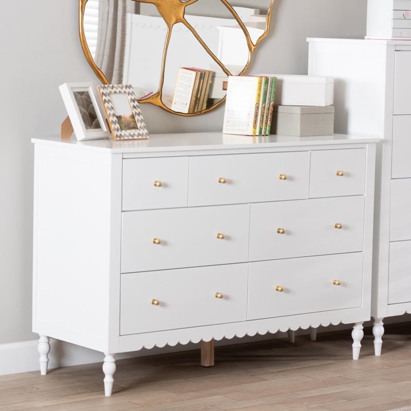 Dresser White Seven Drawers Scalloped Trim Turned Legs Transitional