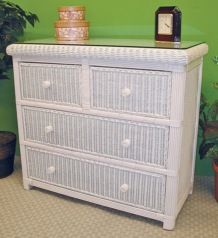 Dresser: White Wicker, Glass Top, Braided Trim Detailing.