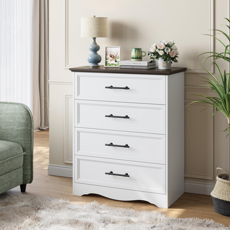 Dresser White with Dark Wood Top Scalloped Base Four Drawers