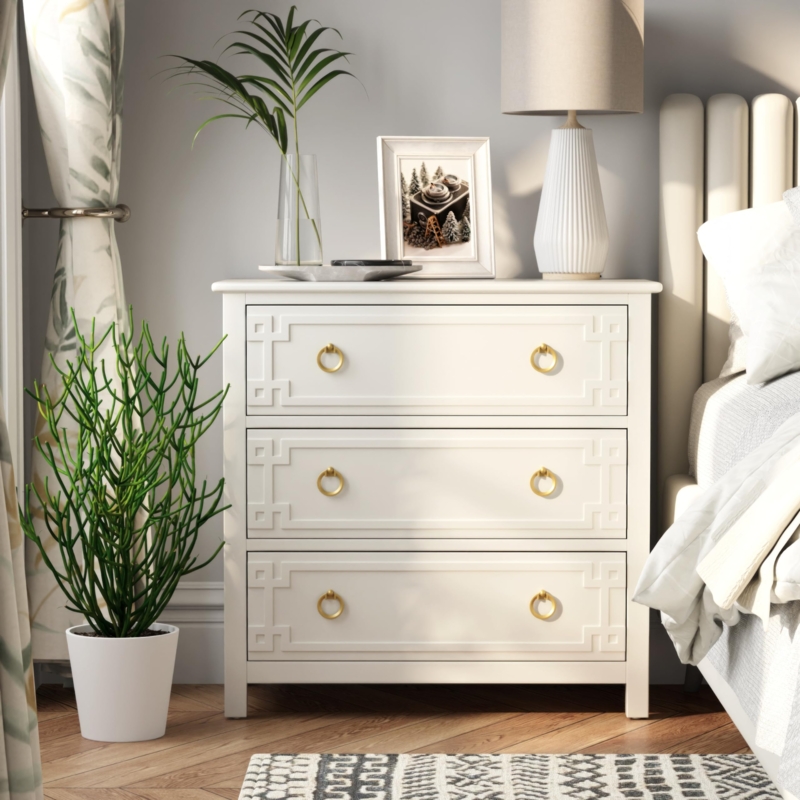 Dresser White with Geometric Embossed Drawers and Gold Ring Pulls