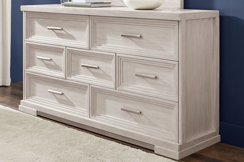 Dresser Whitewashed 7-Drawer with Tiered Layout and Silver Bar Pulls