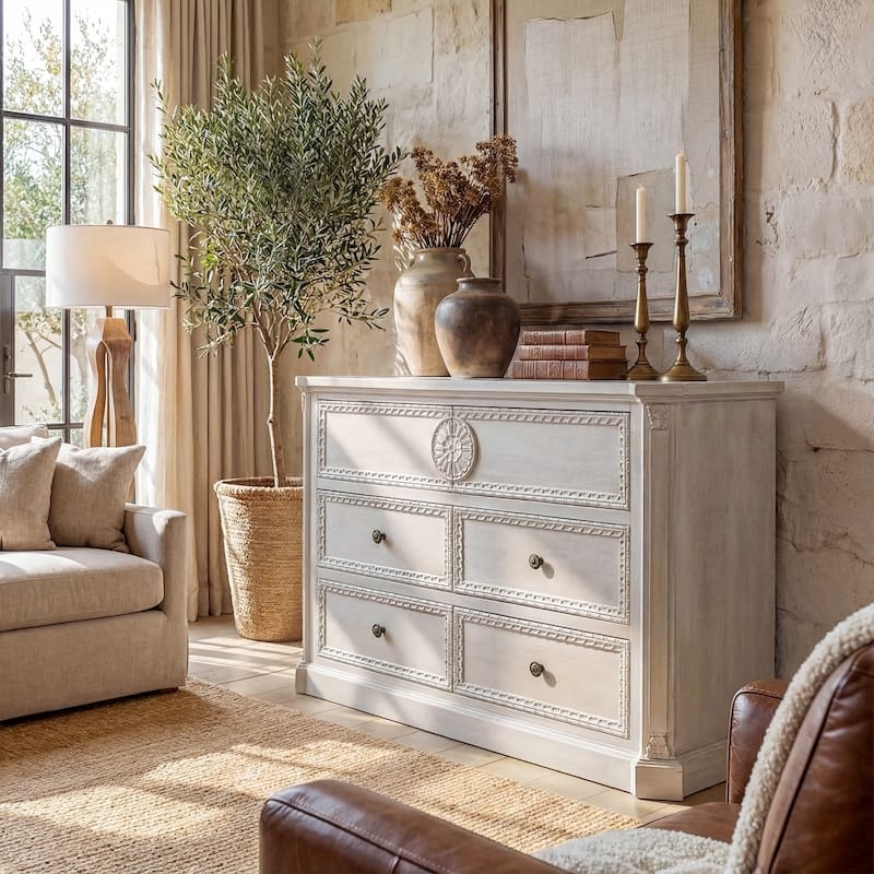 Dresser, Whitewashed Distressed Finish, Central Medallion, Rope Trim Borders