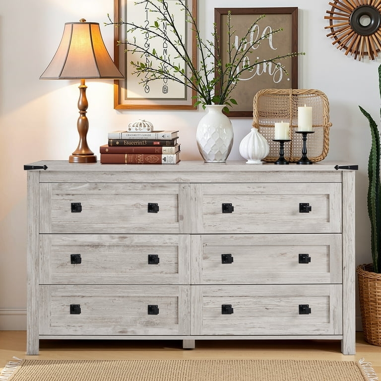 Dresser Whitewashed Finish Black Square Knobs Rustic Antique White