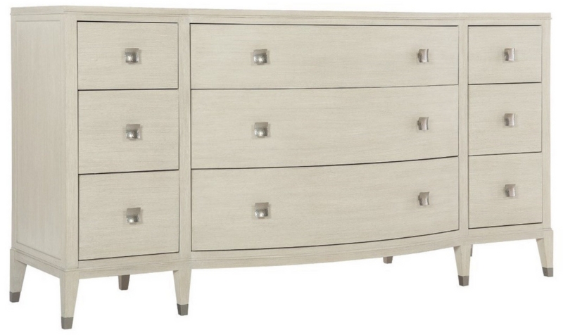 Dresser Whitewashed Nine Drawer Bowed Front Metal Capped Feet