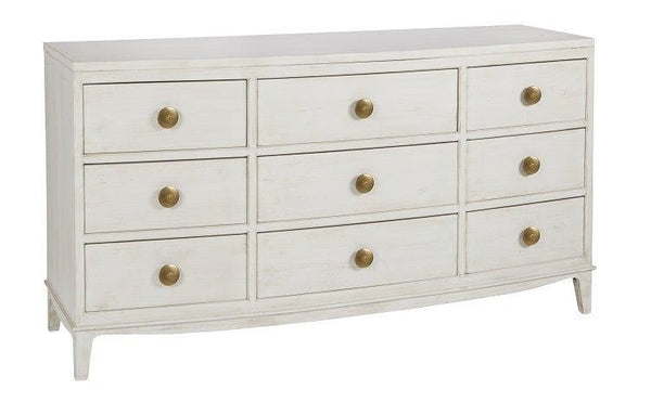 Dresser Whitewashed Nine Drawer with Arched Apron and Round Knobs