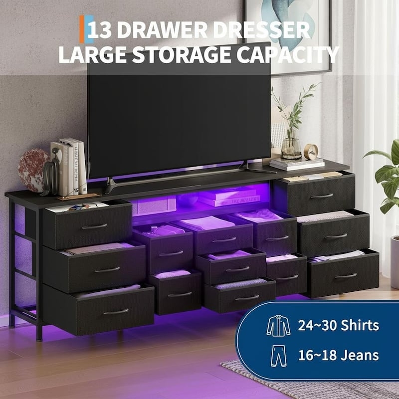 Dresser, Wide 70-Inch 13-Drawer, Purple LED Light
