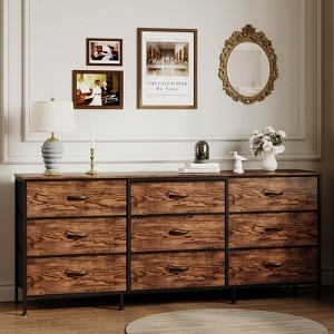 Dresser, Wide 9-Drawer Wood Tone, Mixed Media Design, Transitional
